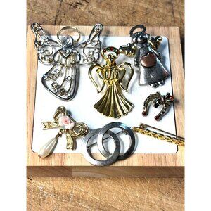 Vintage Angel & Decorative Brooch Pin Lot Mixed Metals Rhinestones & Pearl Accen